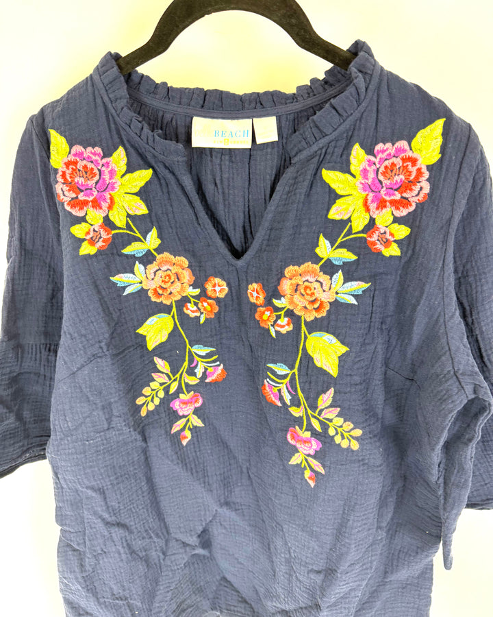 Navy Blue Floral Embroidered Top - Size 6/8