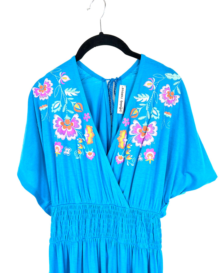 Blue Short Sleeve Floral Detail Jumpsuit - Size 6/8