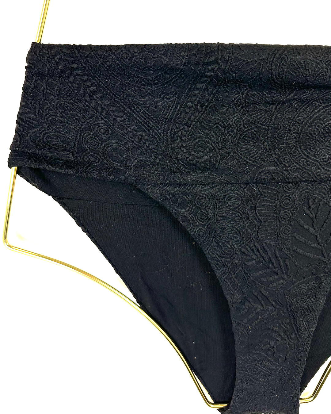 Black Embossed Thick Waistband and Fuller Coverage Bikini Bottom - Extra Small