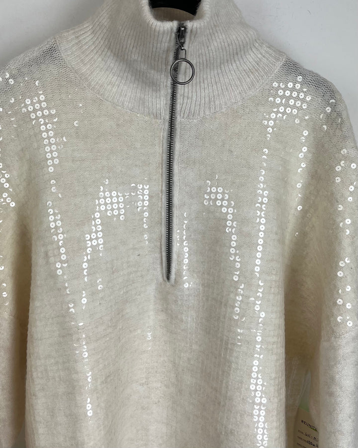 Cream Sequin Quarter Zip Sweater - Size 8/10