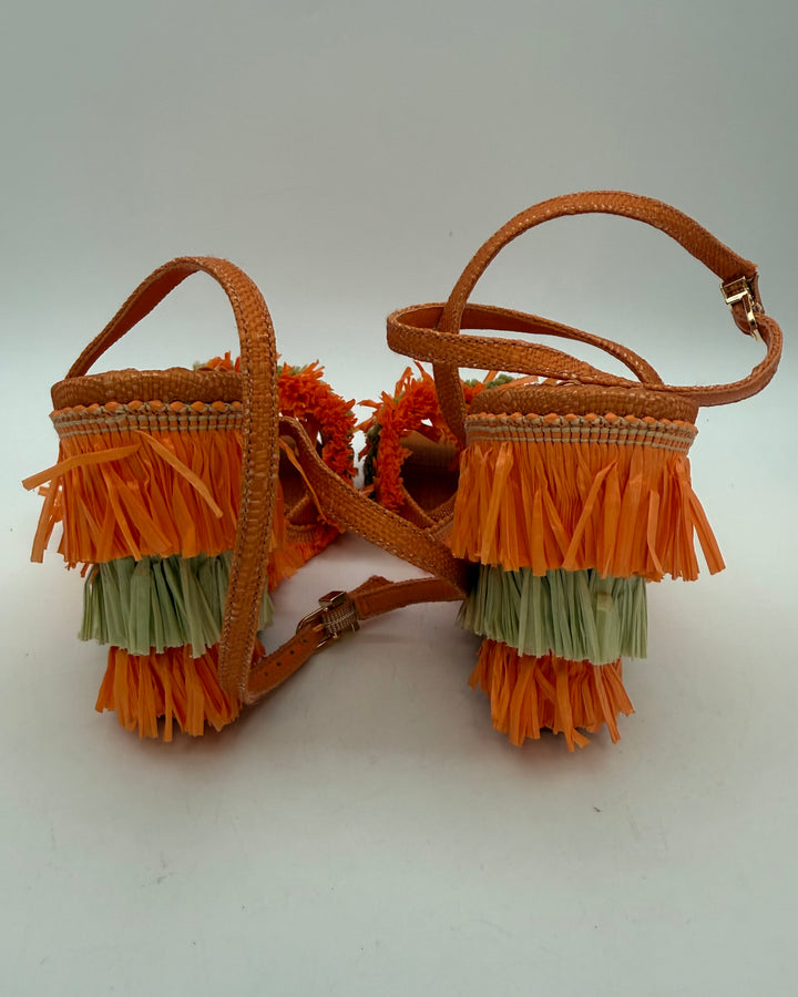 Orange Straw Fringe Wedge Sandal - Size 6.5