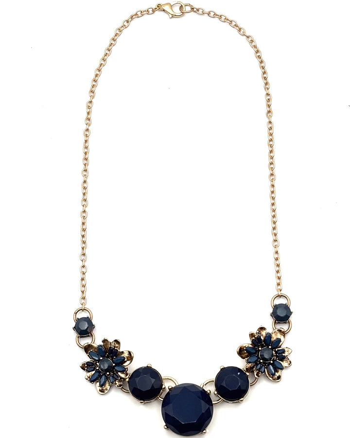 Gold Necklace With Navy Stone Flowers