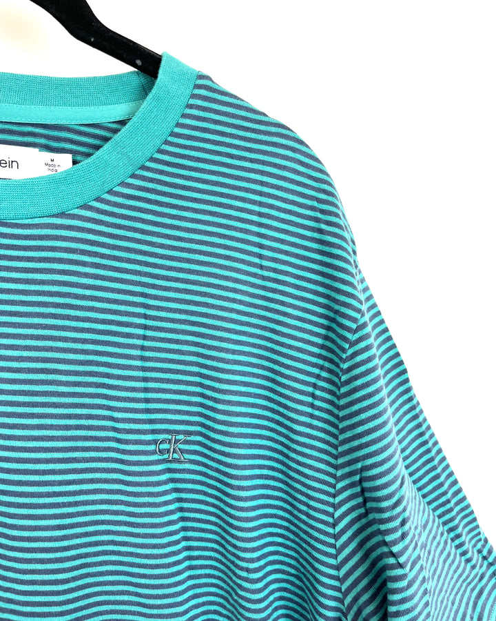 MENS Aqua Stripe Crewneck Tee- Medium