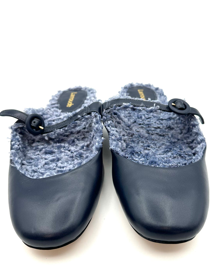 Navy Blue Leather Flat Mule - Size 6.5