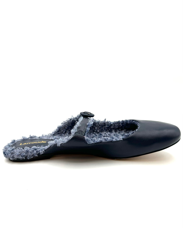 Navy Blue Leather Flat Mule - Size 6.5