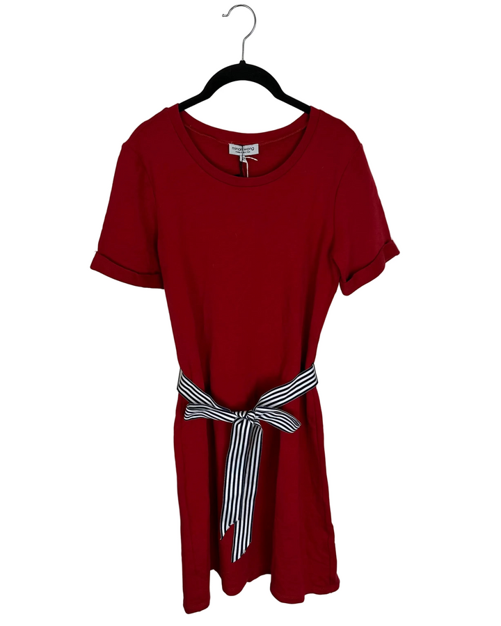 Soft Red Dress With Striped Belt - Size 0-16