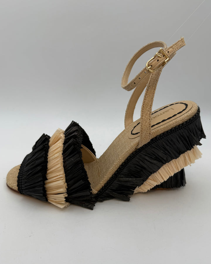 Ivory & Black Straw Fringe Wedge Sandal - Size 6.5