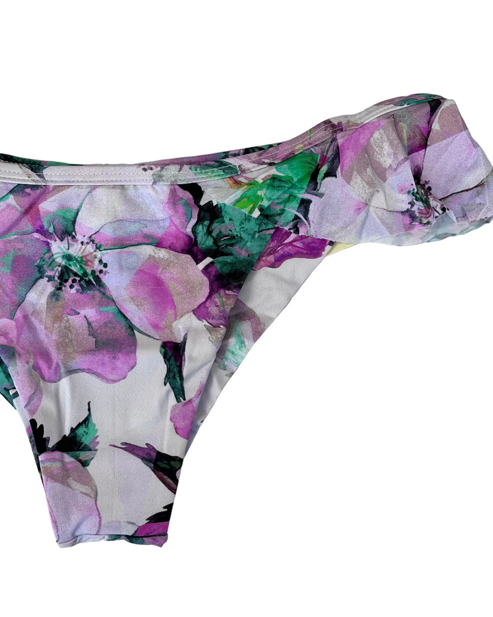 Purple Floral and White Ruffle Low Rise Bikini Bottom - Large