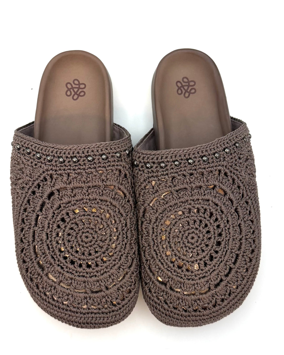 Brown Crochet & Bronze Clogs - Size 8
