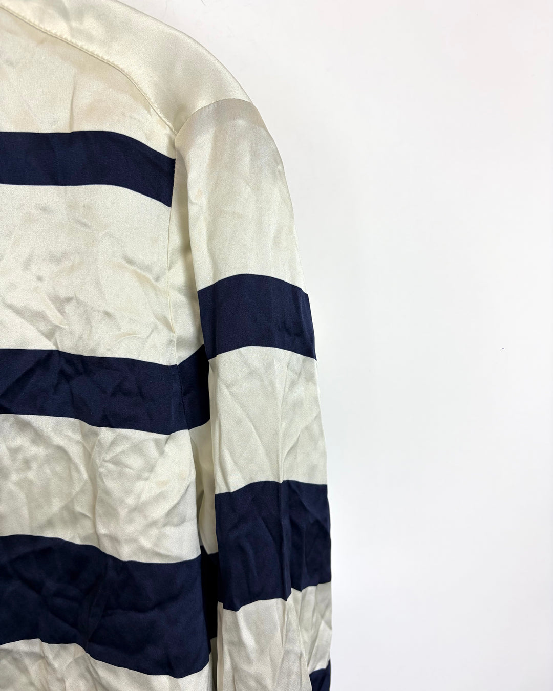 Navy & White Striped Collared Silk Shirt - Size 4/6