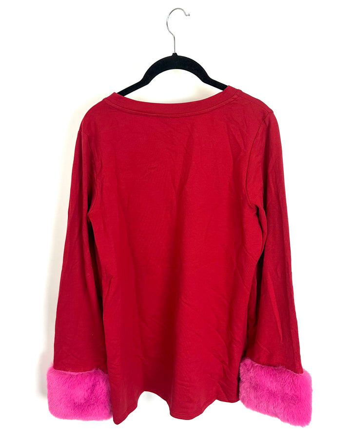 Red Long Sleeve Top with Pink Faux Fur Cuffs - Size 6/8