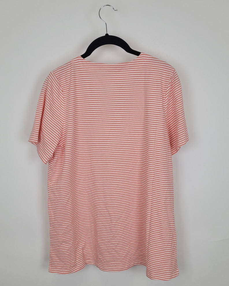 Peach and White Striped Short Sleeve Shirt - Size 6/8