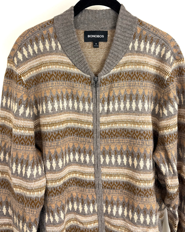 Gray & Brown Zip Up Knit Jacket - Mens Medium / Womens Large