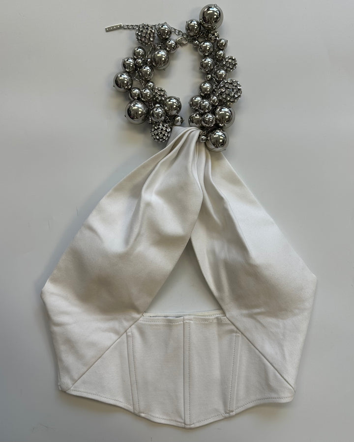 White and Silver Oversized Beads Halter Crop Top - Size 2/4