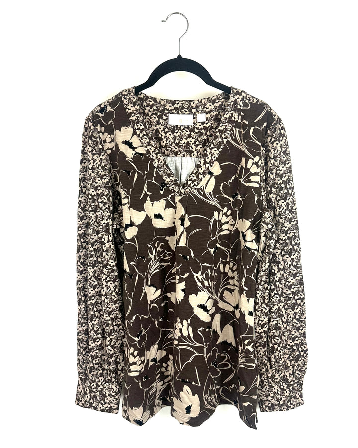 Brown and White Floral Print Long Sleeve Top- Size 6/8