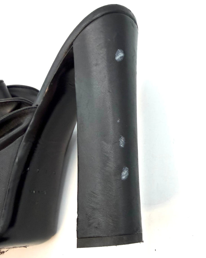 Rich Black Smooth Leather Ruffle Platform Heels - Size 40