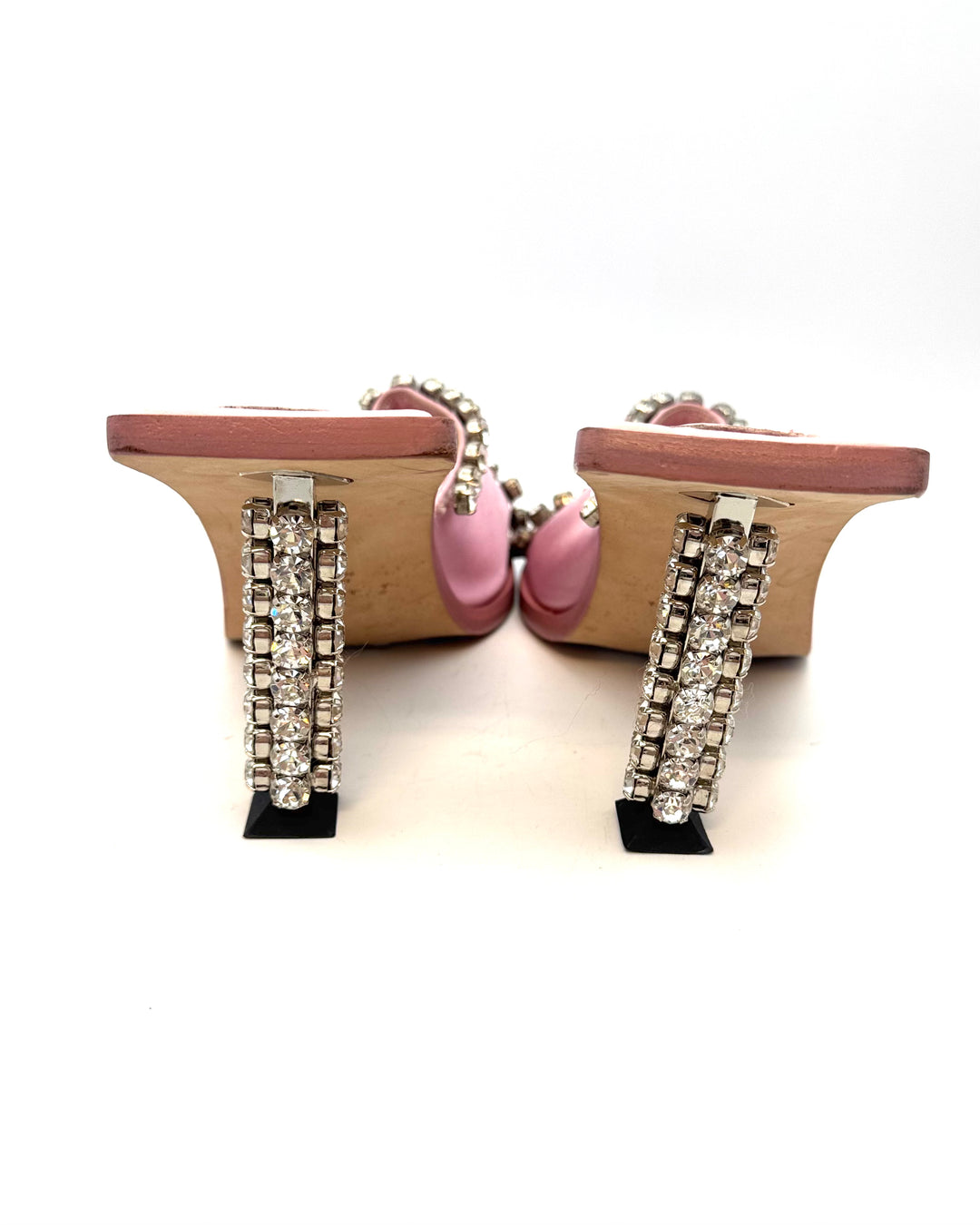 Pink Satin Bold Gem Square Toe Heels - Size 40