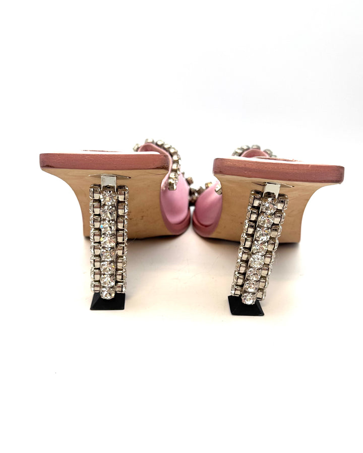 Pink Satin Bold Gem Square Toe Heels - Size 40