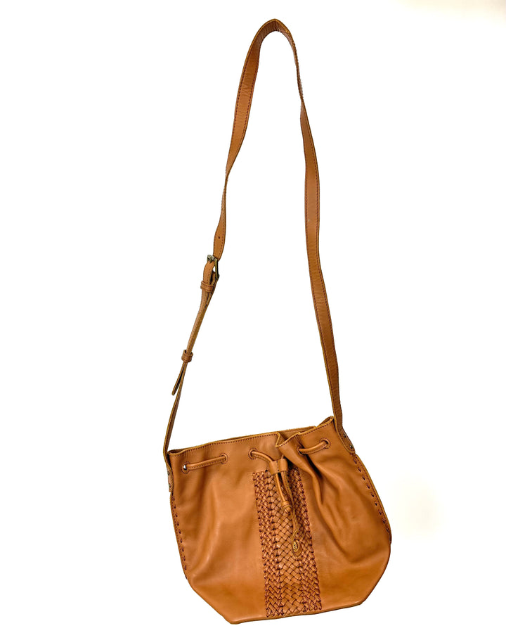 Tan Leather Drawstring Crossbody Bag