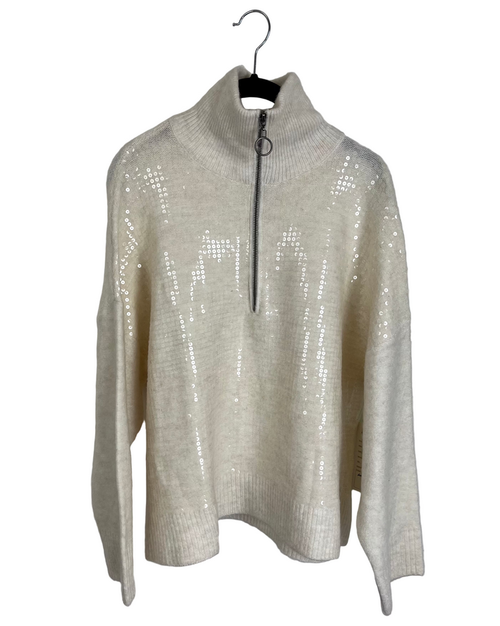Cream Sequin Quarter Zip Sweater - Size 8/10