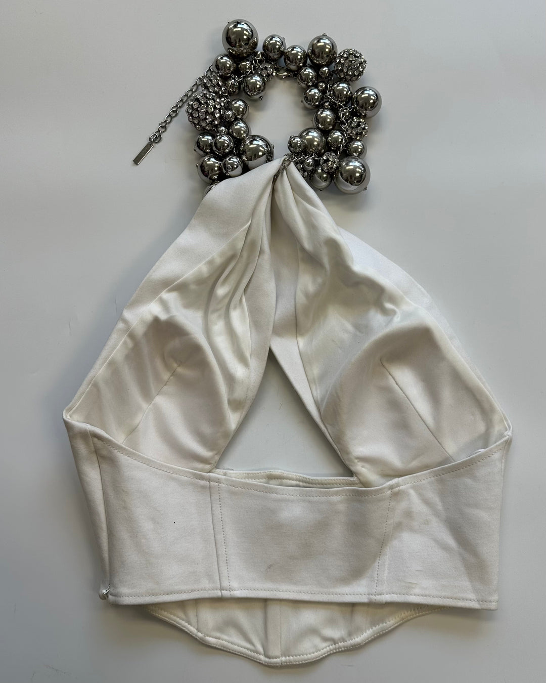 White and Silver Oversized Beads Halter Crop Top - Size 2/4