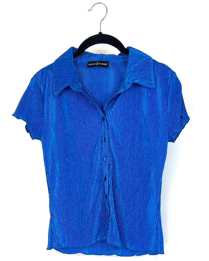Dark Blue Short Sleeve Plissé Button-Up Top - Size 2/4