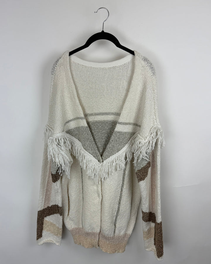 White And Neutral Toned Fringe Cardigan - Large