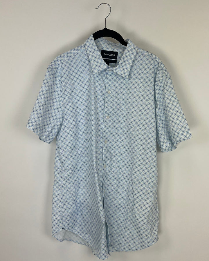 MENS Blue and Purple Flower Button Up Short Sleeve - Medium