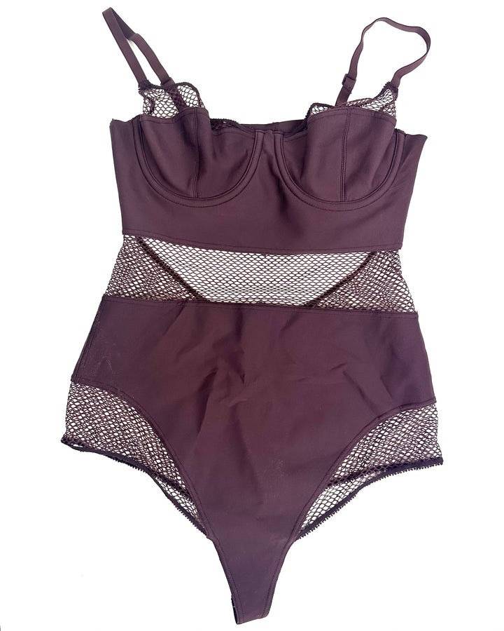 Maroon Mesh Paneling Bodysuit - Small