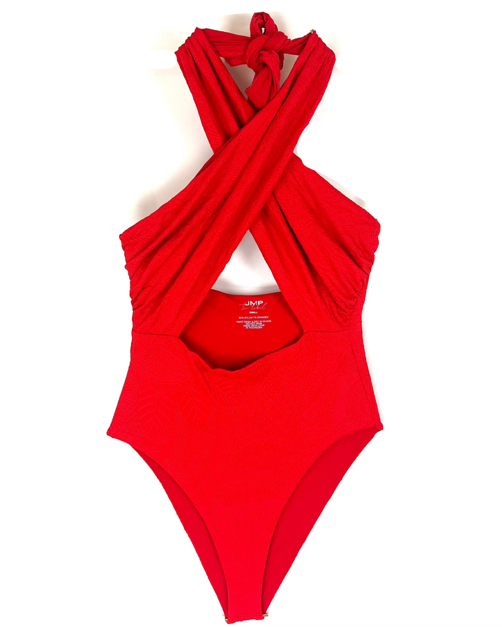 Red Embossed Multi Wear One Piece Swimsuit - Extra Small