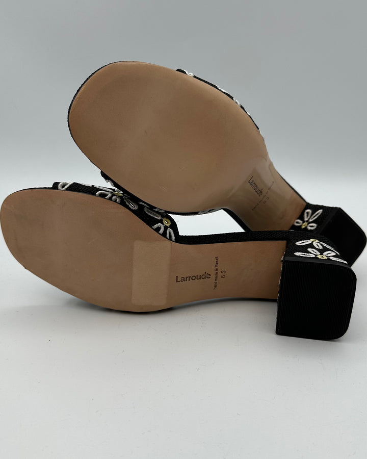 Black Raffia and Floral Print Heel Sandal - Size 6.5