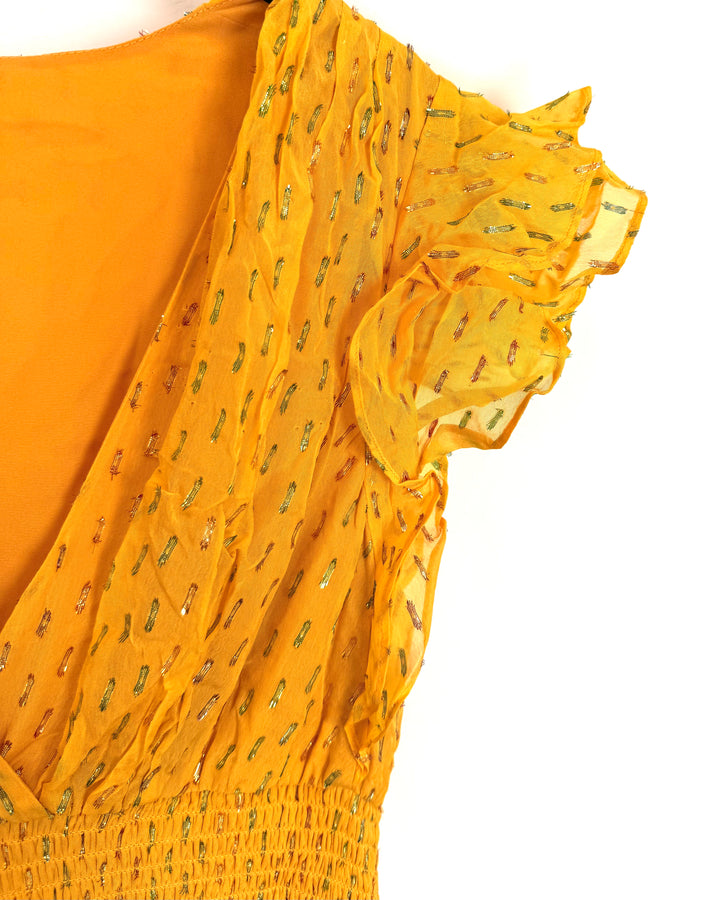 Yellow Metallic Ruffle Dress - Size 6