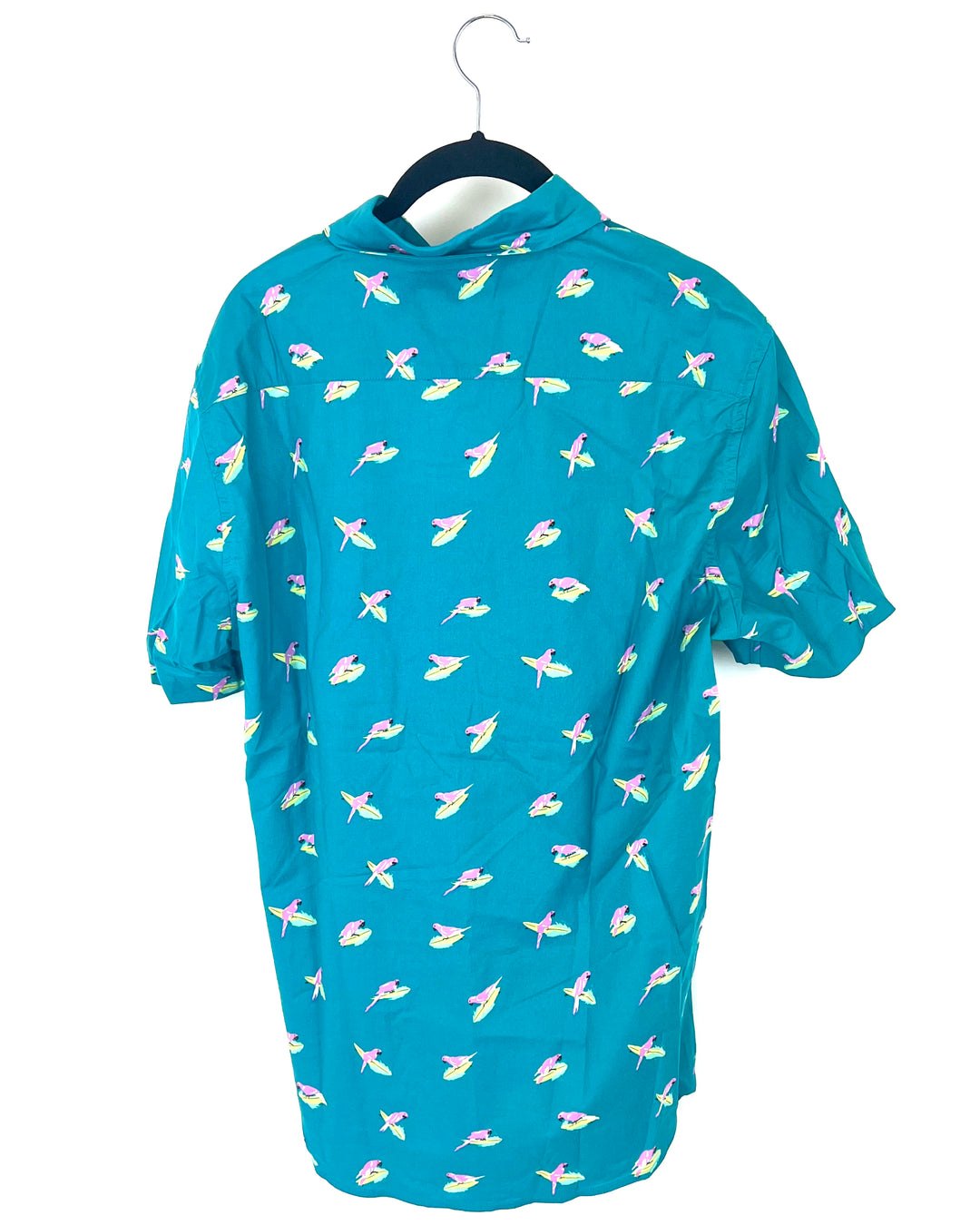 MENS Parrot Riding Surfboard Teal Short Sleeve Button Up - Medium