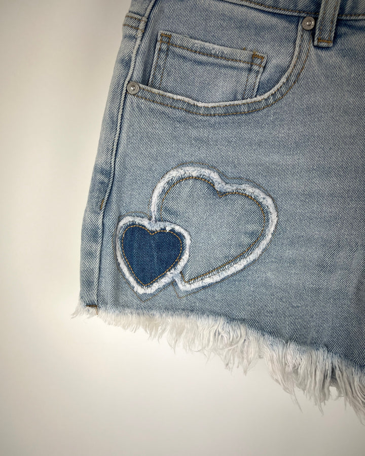Blue Denim Heart Pattern Shorts - Small