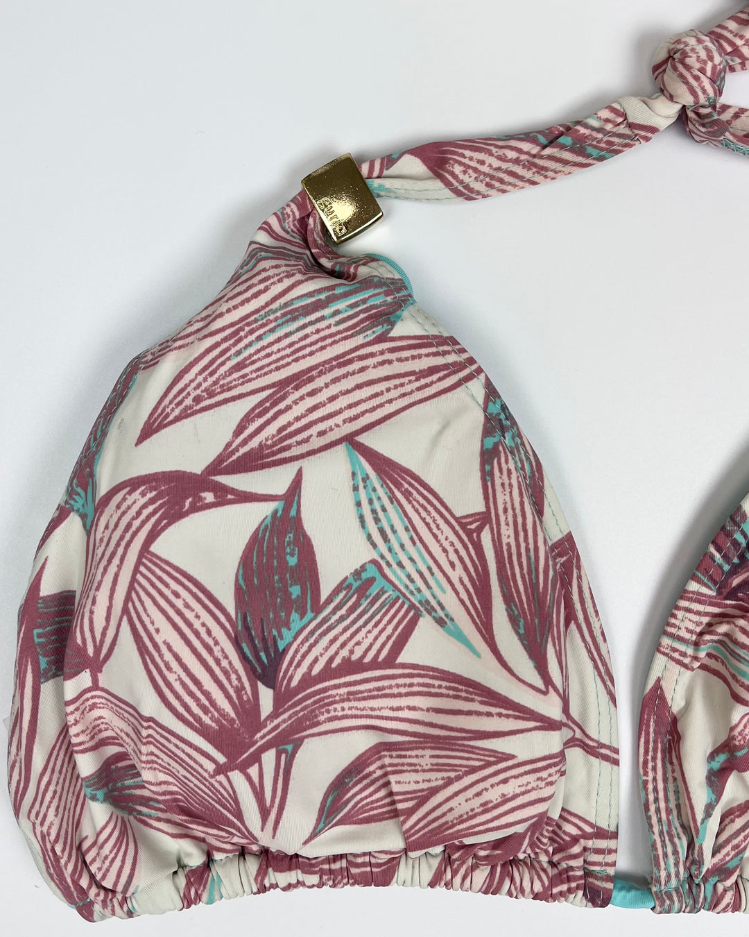 Tan & Light Teal Plant Print String Multi Wear Bikini Top - Small
