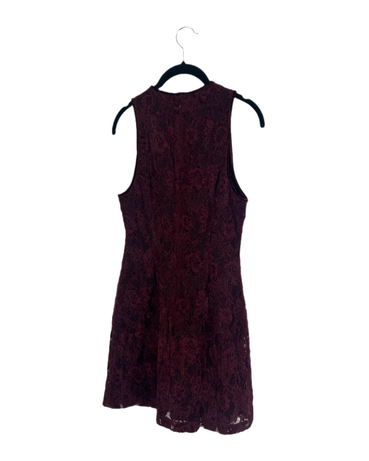 Burgundy High Neck Velvet Lace Dress - Size 4