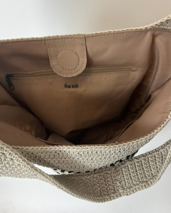 Beige and Black Crochet Bucket Tote Bag