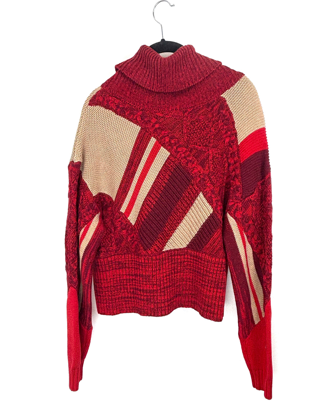 Red And Tan Cropped Turtle Neck Sweater - Small