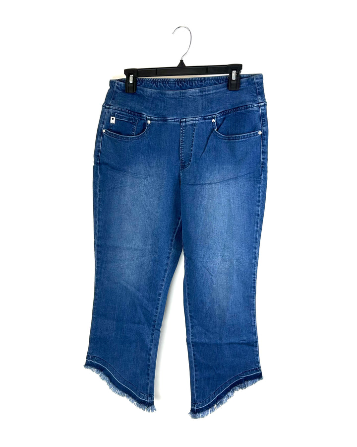 Medium Wash Crop Diagonal Frayed Hem Jeans - Size 12