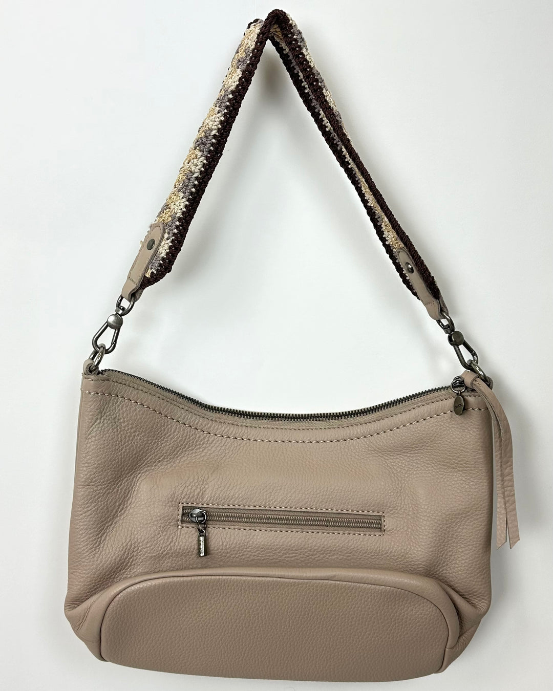 Beige Leather Shoulder Bag with Crochet Strap