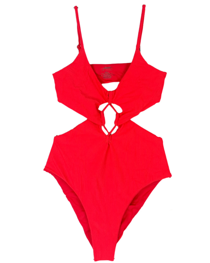 Neon Coral Front Cut Out One Piece Swimsuit - Small