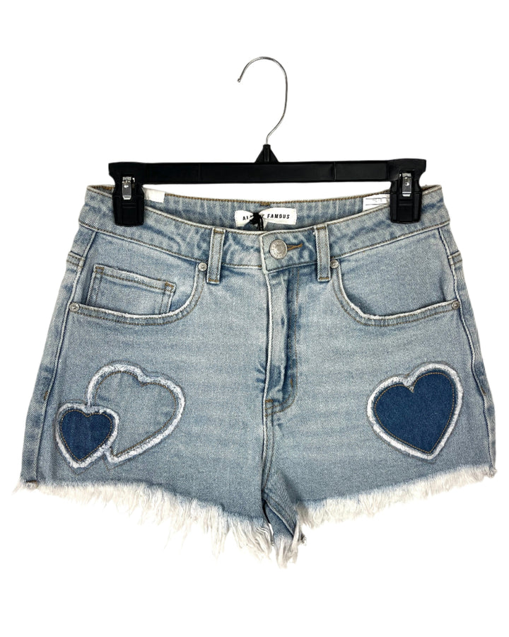 Blue Denim Heart Pattern Shorts - Small