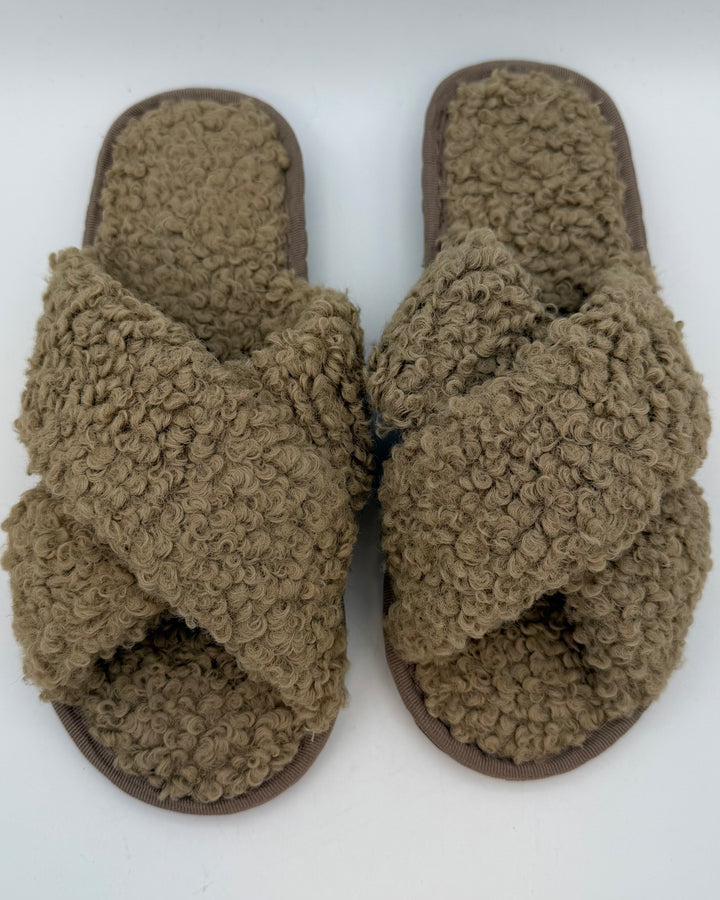 Open Toe Brown Fuzzy Slippers - Size 8/9