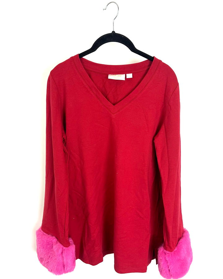 Red Long Sleeve Top with Pink Faux Fur Cuffs - Size 6/8