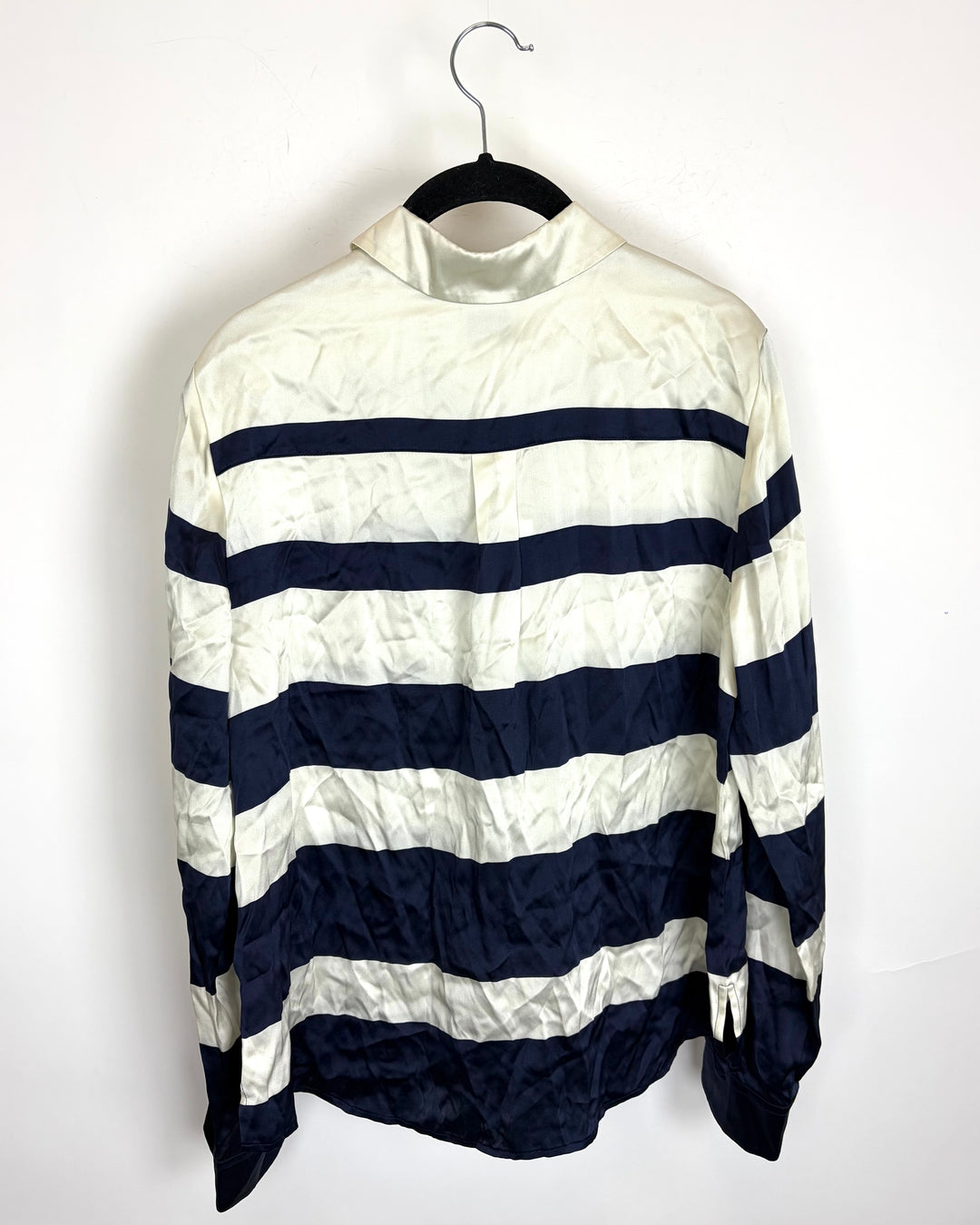 Navy & White Striped Collared Silk Shirt - Size 4/6