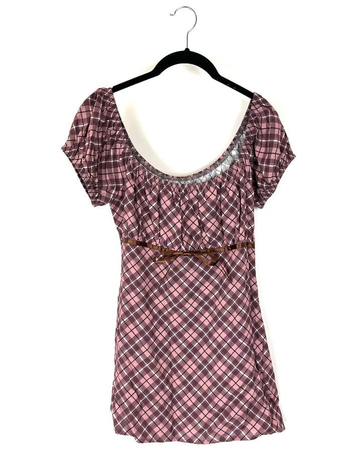 Pink And Brown Plaid Puffed Sleeve Top - Size 4/6