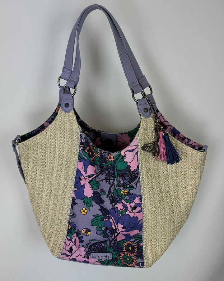 Purple Floral And Raffia Tote Bag