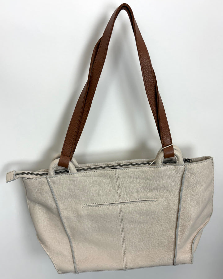 Cream Leather Stitch Panel Tote Bag