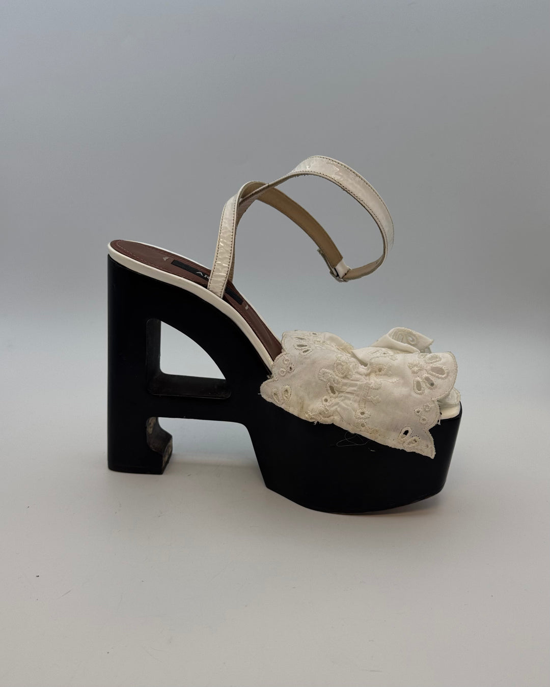 Ivory White Eyelet Ruffle Monogram Platform Sandal - Size 39