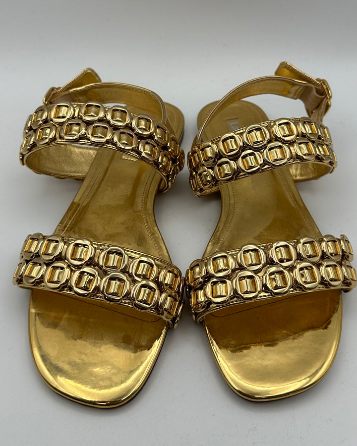 Gold Patent Leather Buckle Flat Sandals - Size 6.5